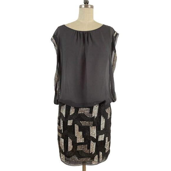 Aidan Mattox Dress Gray Chiffon Upper SilverS equin Bottom Party Cocktail Size 0 - Picture 1 of 9